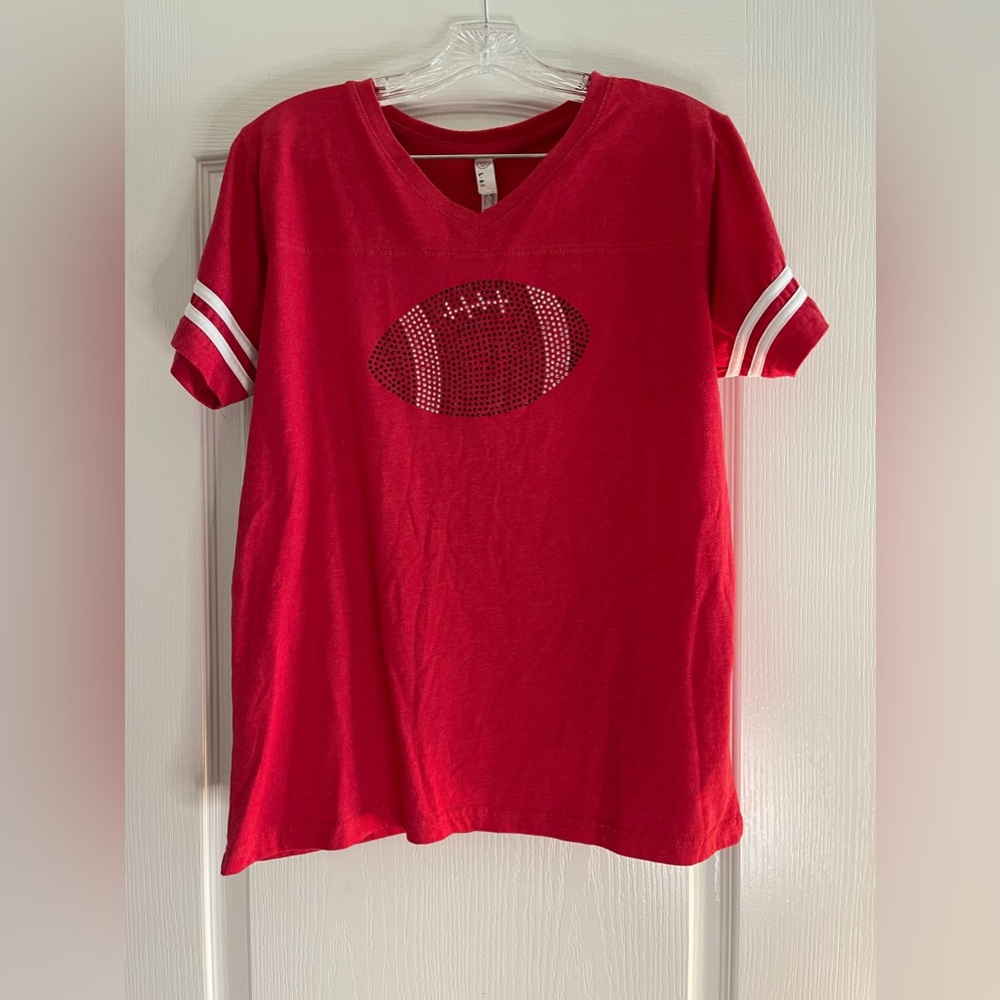 Live and Tell Apparel Red Ladies Football Jersey with Sparkle Football Size L